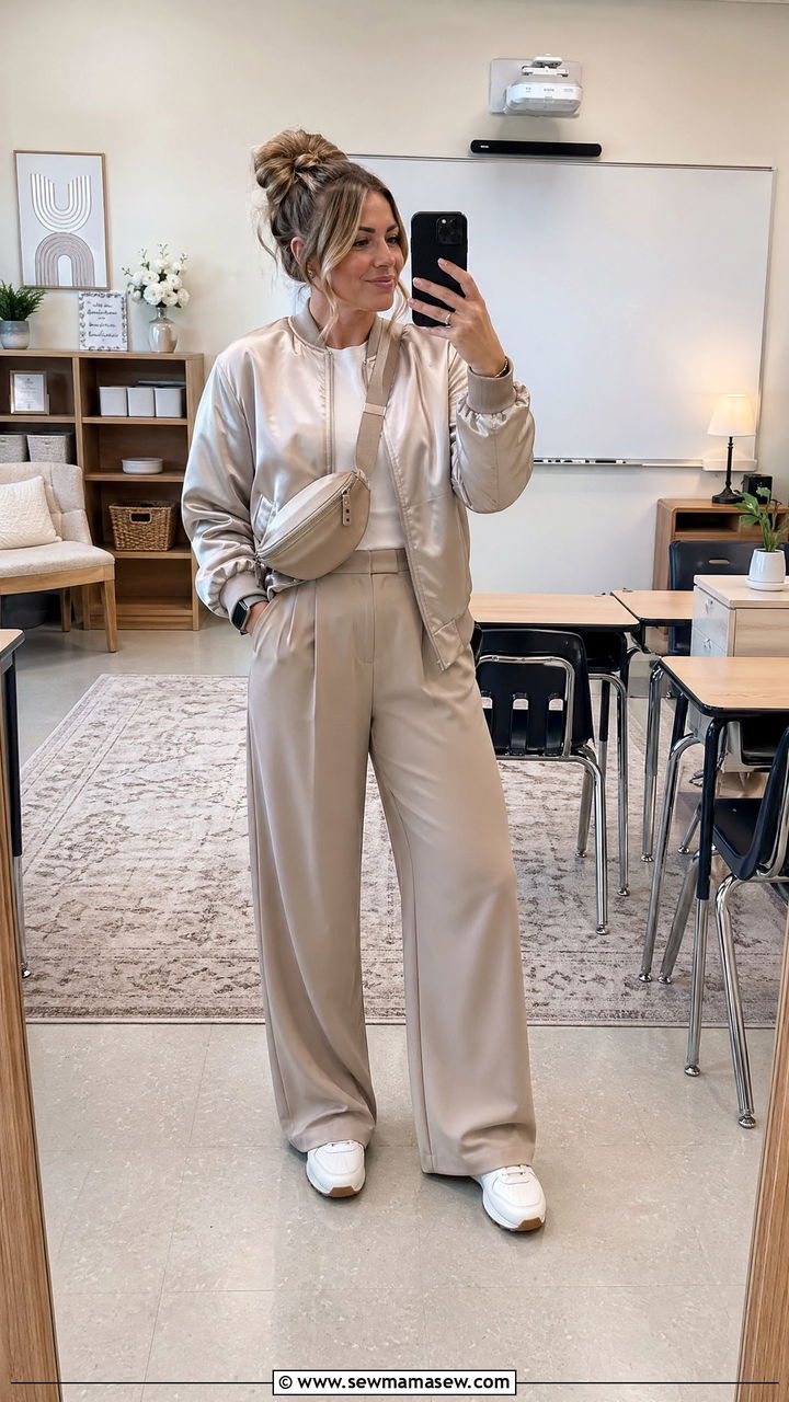 Teacher Outfit With Bomber Jacket And Trousers - 35 Teacher outfits for back to school