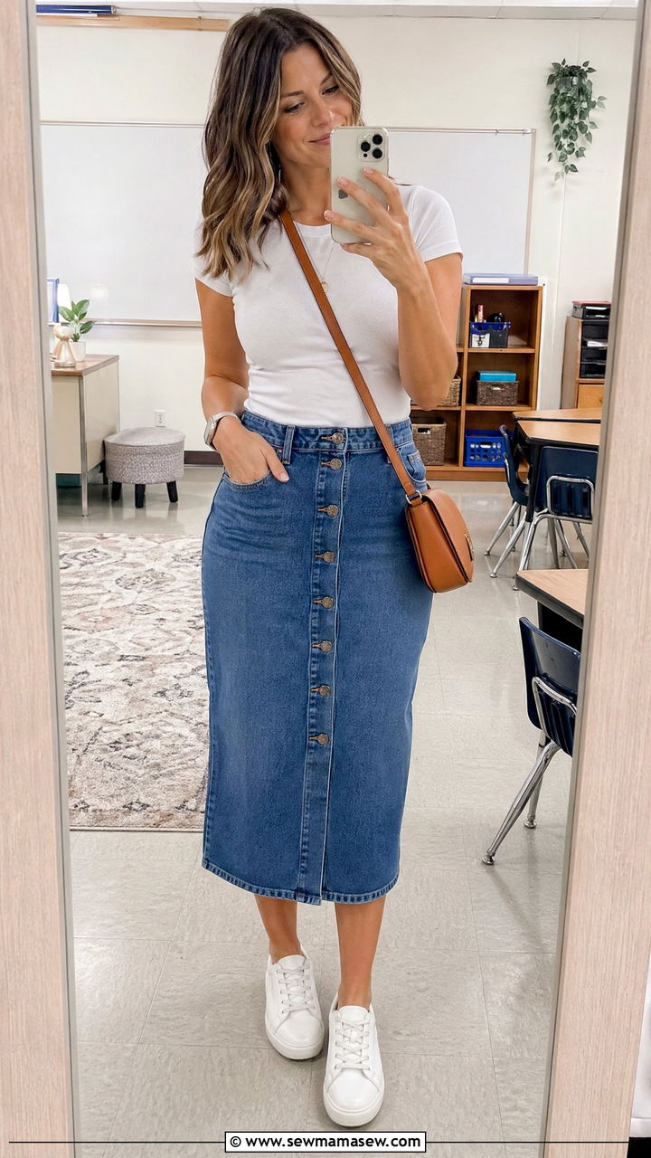 Teacher Outfit With Button Front Skirt And Basic Tee - 35 Teacher outfits for back to school