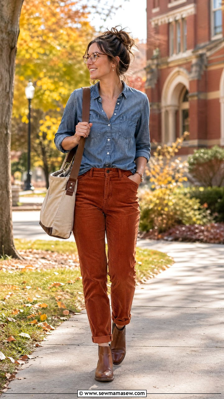Teacher Outfit With Corduroy Pants And Button Up - 35 Teacher outfits for back to school