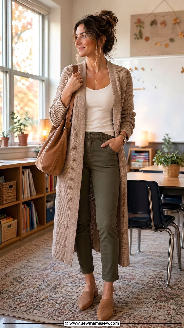 Teacher Outfit With Duster Cardigan And Slim Pants - 35 Teacher outfits for back to school