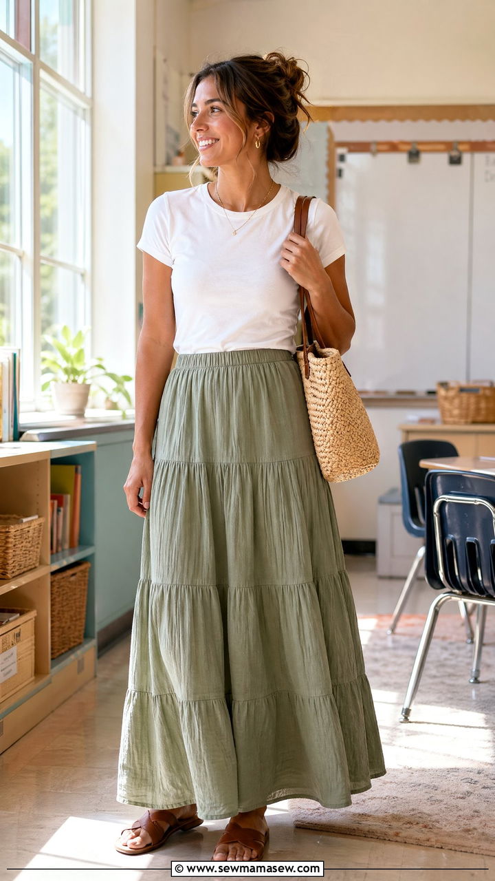 Teacher Outfit With Maxi Skirt And Tucked Tee - 35 Teacher outfits for back to school
