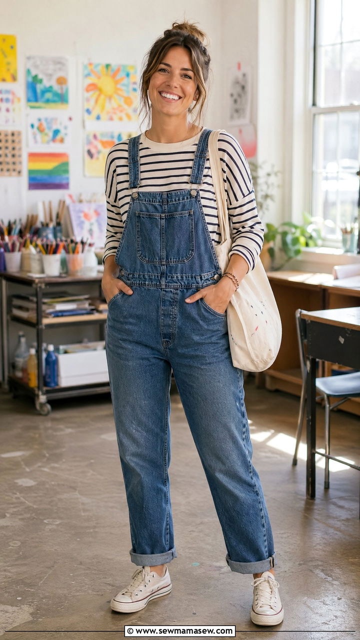 Teacher Outfit With Overalls And Striped Top - 35 Teacher outfits for back to school