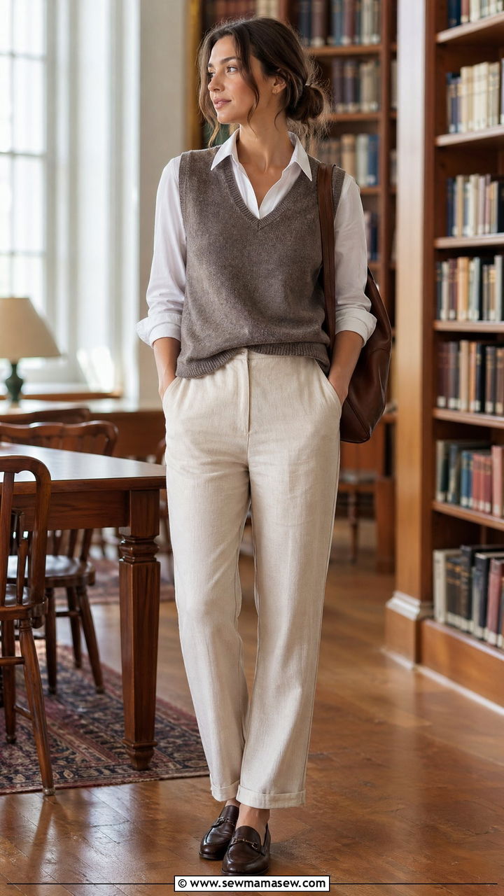 Teacher Outfit With Sweater Vest And Linen Pants - 35 Teacher outfits for back to school