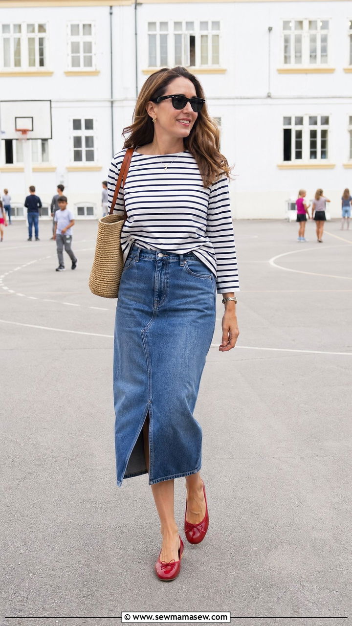 Teacher outfit with denim midi skirt and striped top - 35 spring outfits for teachers