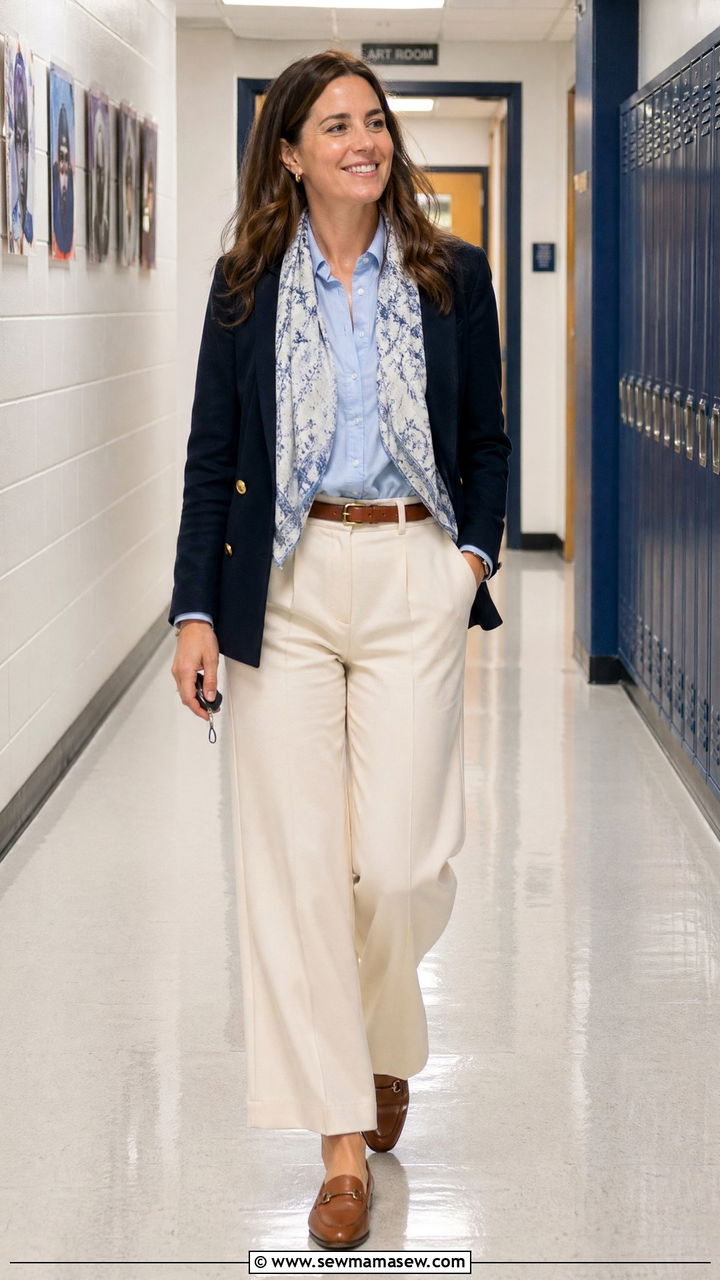 Teacher outfit with navy blazer and cream trousers - 35 spring outfits for teachers