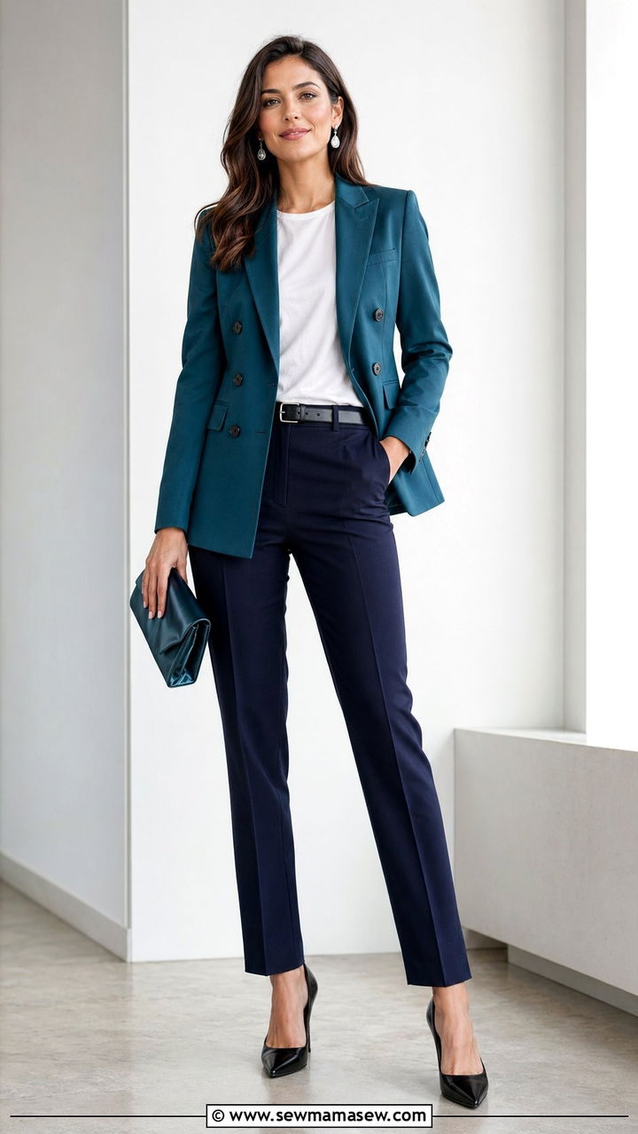 Teal Blazer with Navy Trousers - 30 Blue and green outfit ideas