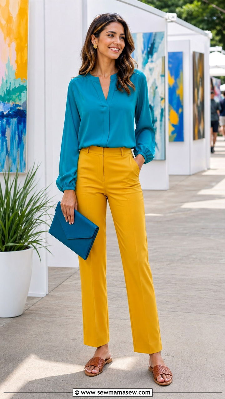 Teal Blouse with Mustard Yellow Straight Leg Pants - 30 spring color blocking outfit ideas