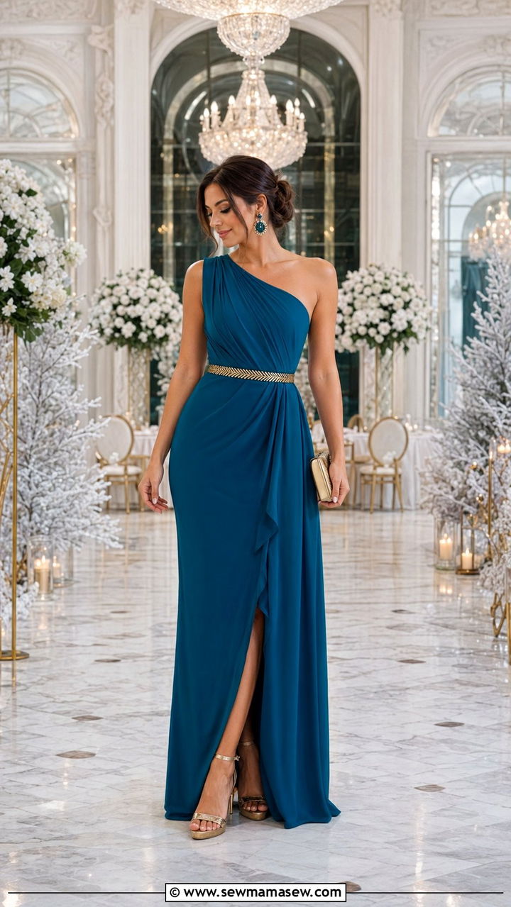 Teal Blue One Shoulder Gown Wedding Guest - 30 Blue dress outfit ideas for wedding guest