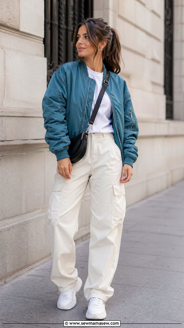 Teal Bomber Jacket With White Tee And Cargo Pants Outfit - 35 Teal outfit ideas