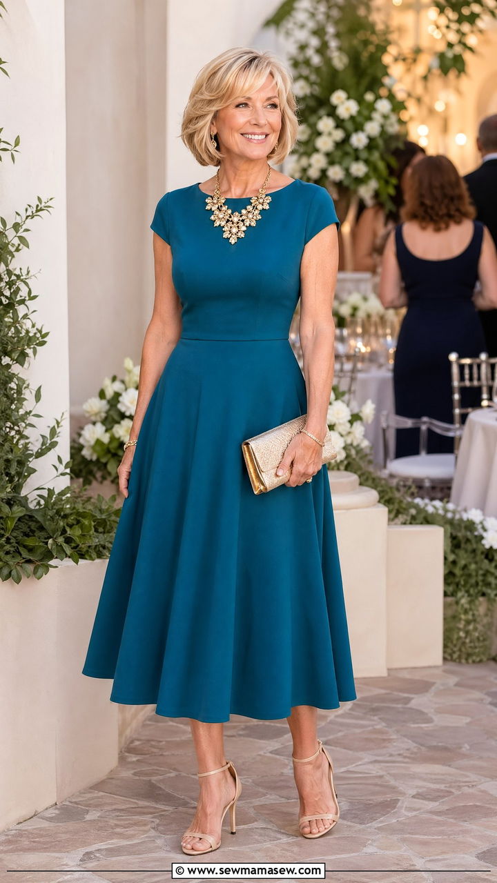Teal Fit and Flare Dress with Statement Necklace - 35 Wedding guest outfits for women over 50