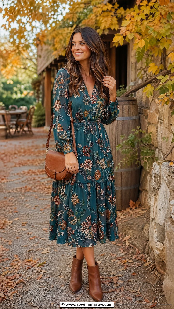 Teal Floral Dress With Ankle Boots Outfit - 35 Teal outfit ideas