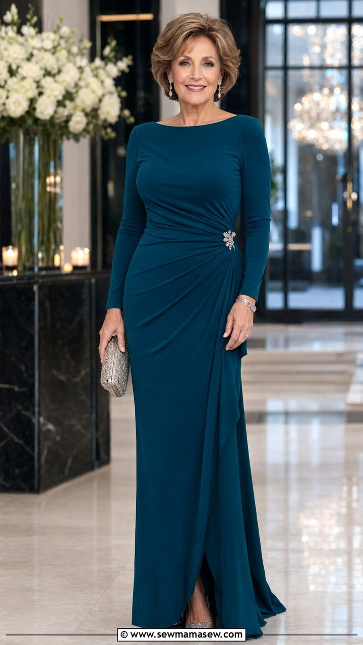 Teal Long Sleeve Jersey Gown - 35 Mother of the groom outfit ideas