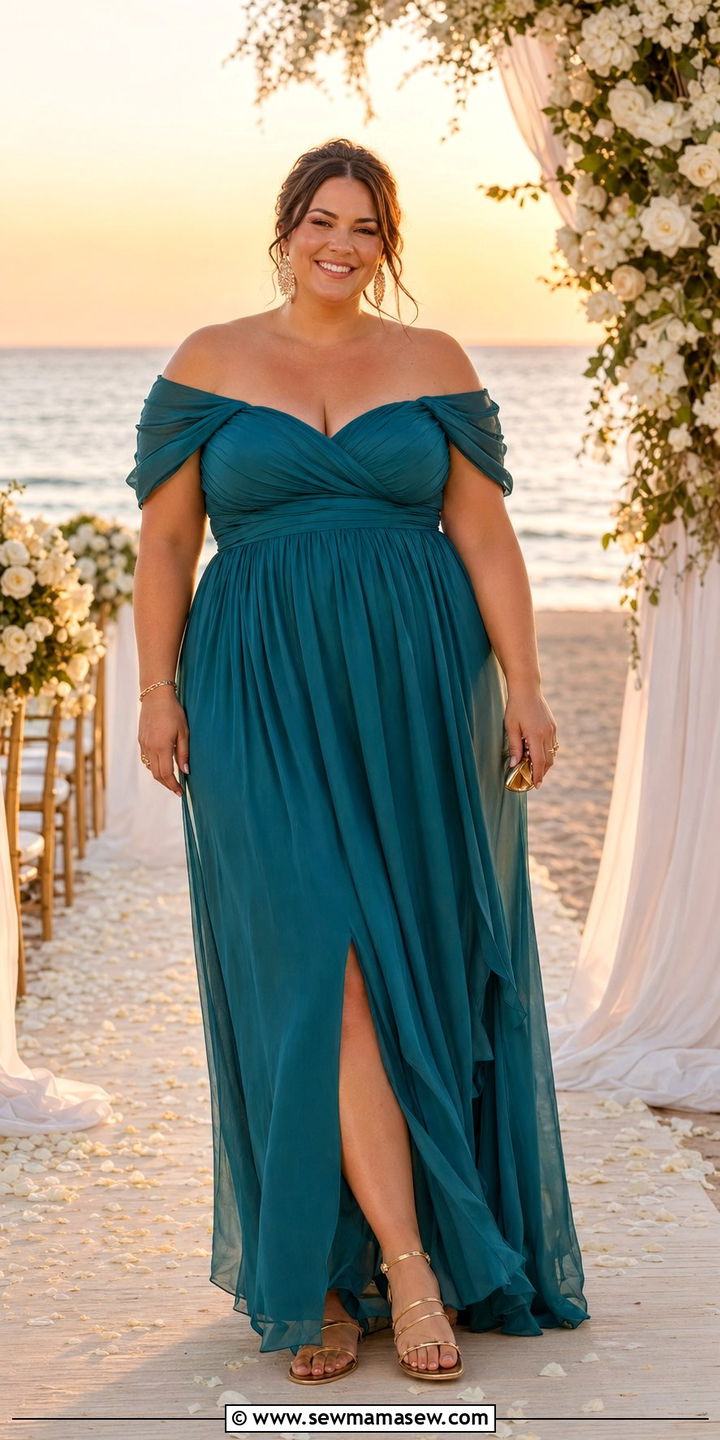 Teal Off Shoulder Maxi Dress With Metallic Sandals - 30 wedding guest outfits for apple shaped body