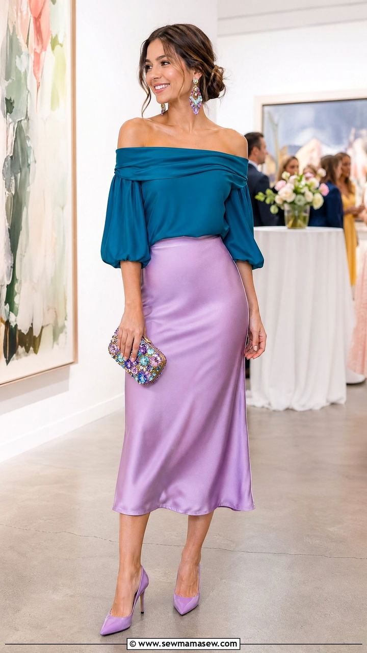 Teal Off Shoulder Top with Satin Midi Skirt - 35 What to wear to a spring wedding