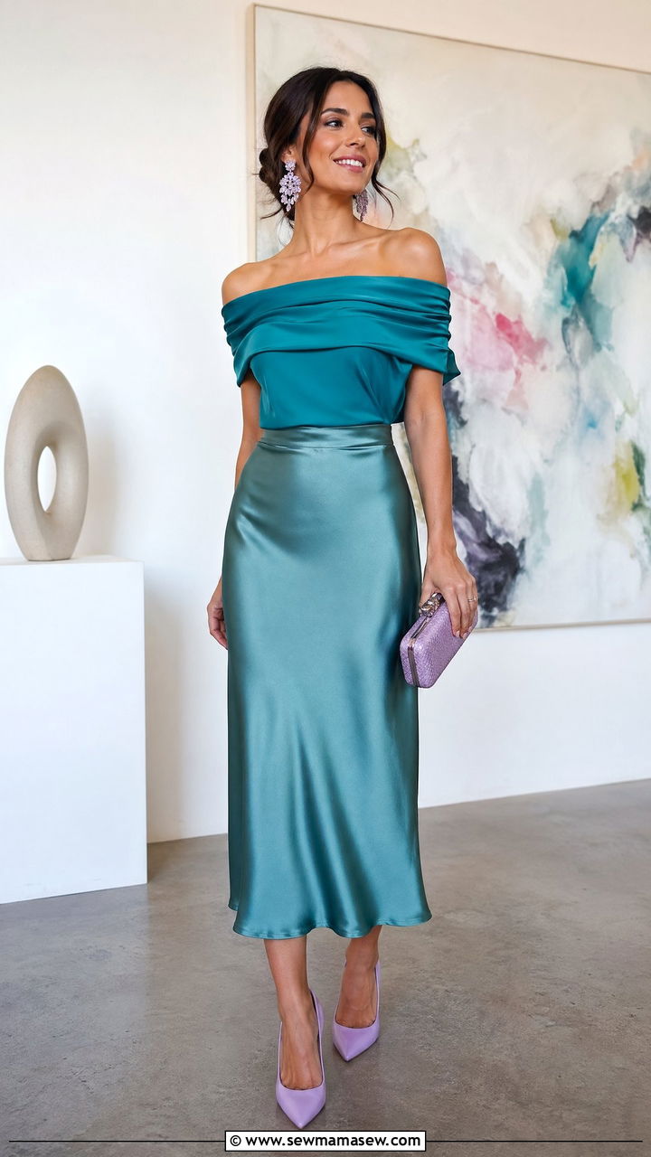 Teal Off Shoulder Top with Satin Midi Skirt - 35 chic wedding guest outfits for women