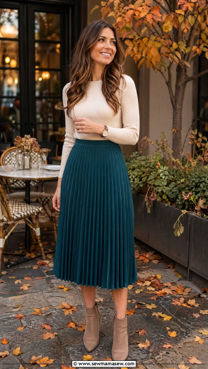 Teal Pleated Midi Skirt With Fitted Sweater Outfit - 35 Teal outfit ideas