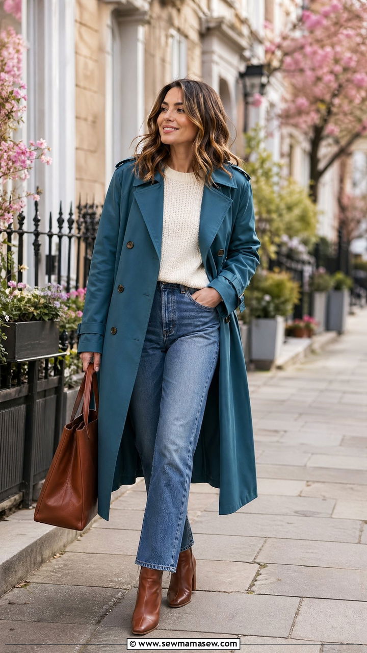 Teal Trench Coat With Jeans And Ankle Boots Outfit - 35 Teal outfit ideas
