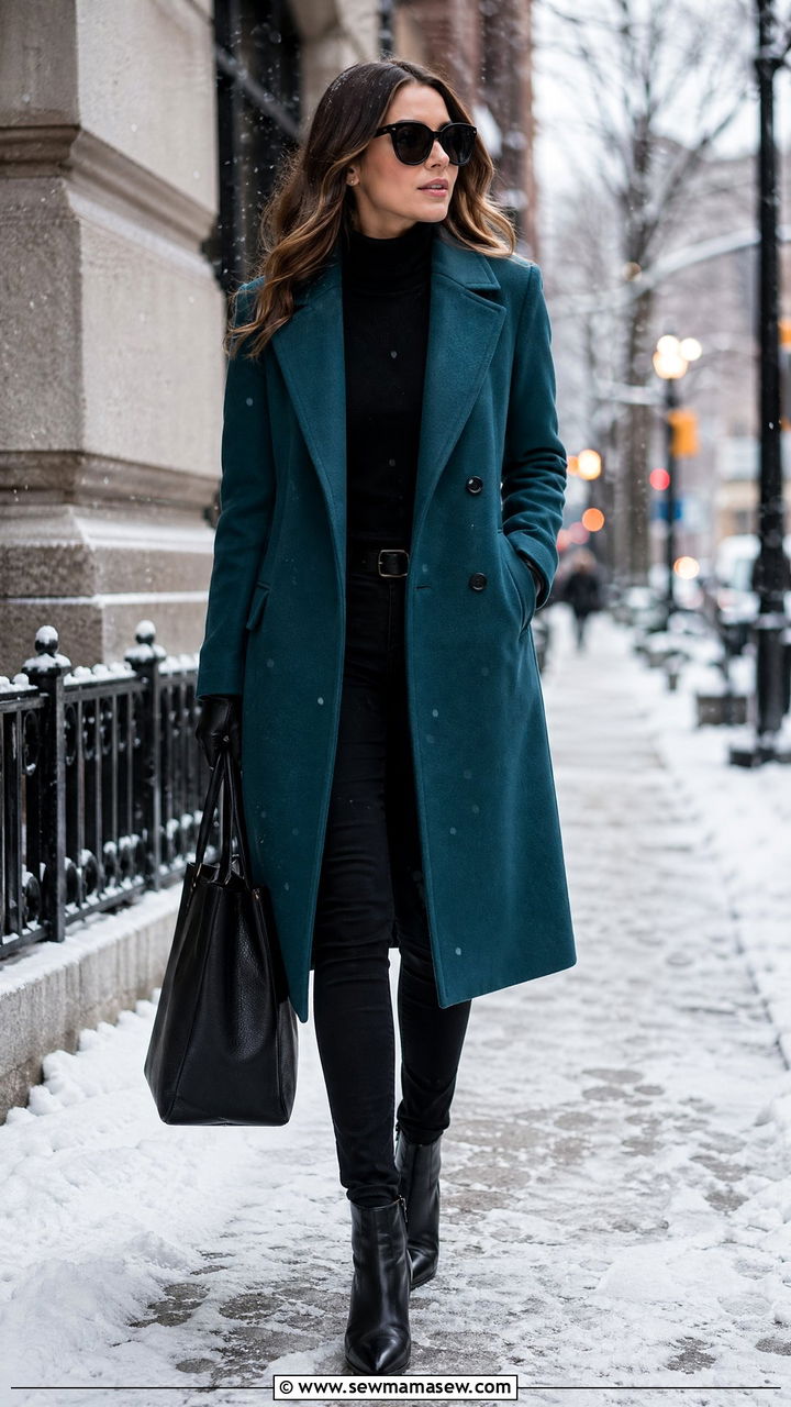 Teal Wool Coat With All Black Outfit - 35 Teal outfit ideas