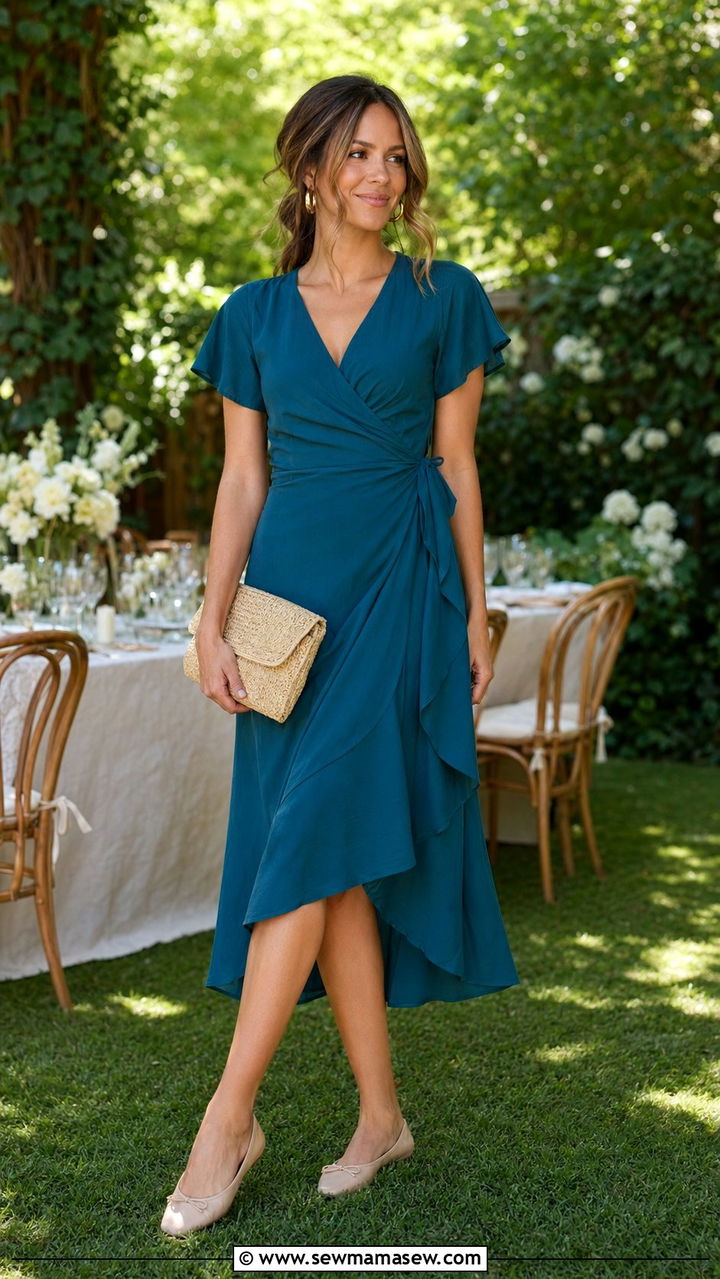 Teal Wrap Dress With Nude Flats - 30 Backyard wedding guest outfit ideas