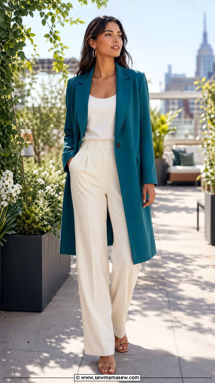 Teal long blazer and ivory straight pants - 35 what to wear to a job interview