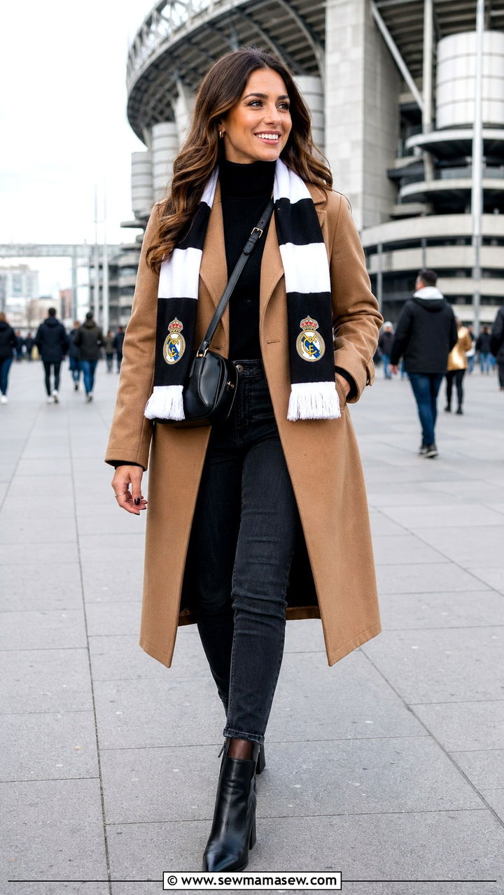Team scarf and wool coat outfit - 30 Soccer game outfit ideas