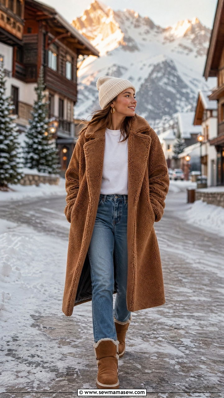 Teddy Bear Coat And Jeans - 35 Ski resort outfit ideas