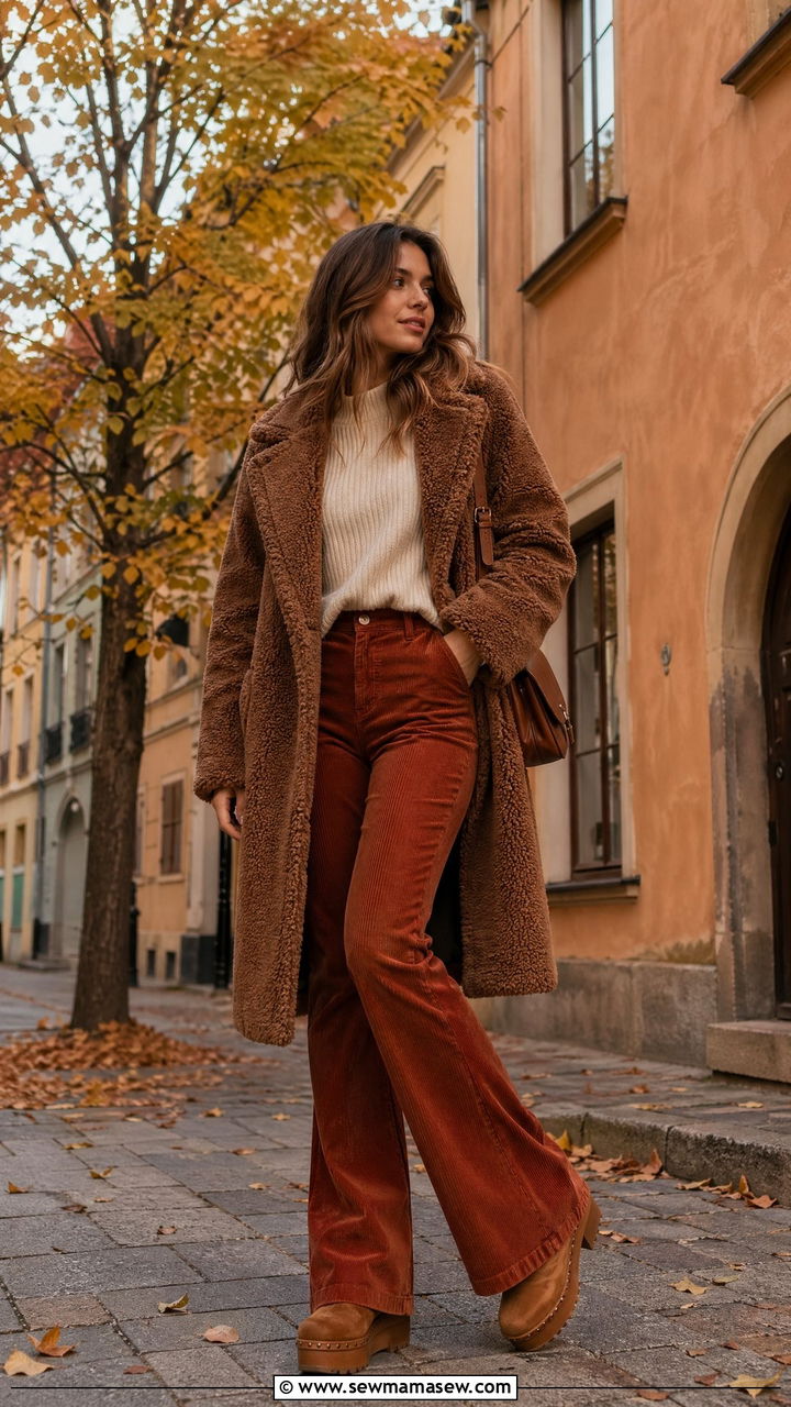 Teddy Coat With Corduroy Flare Pants And Beanie - 35 Warsaw outfit ideas