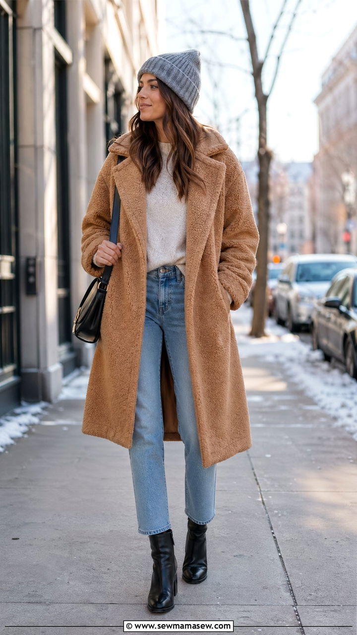 Teddy Coat With Light Wash Jeans and Ankle Boots - 35 cute outfits ideas