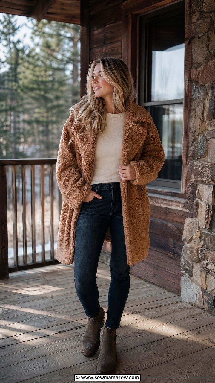 Teddy Coat With Skinny Jeans - 35 Cozy cabin weekend outfit ideas