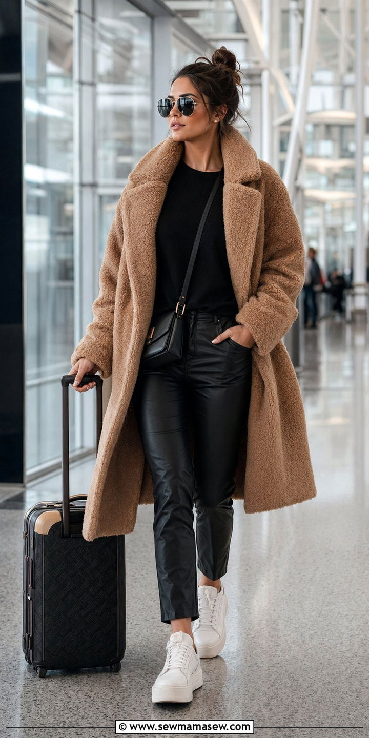 Teddy Coat and Faux Leather Pants - 30 Airport outfit ideas for red eye flight