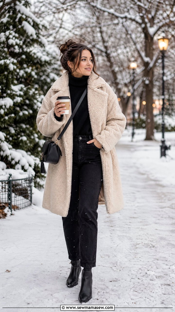 Teddy Coat with Black Jeans and Ankle Boots - 35 classy cute outfits