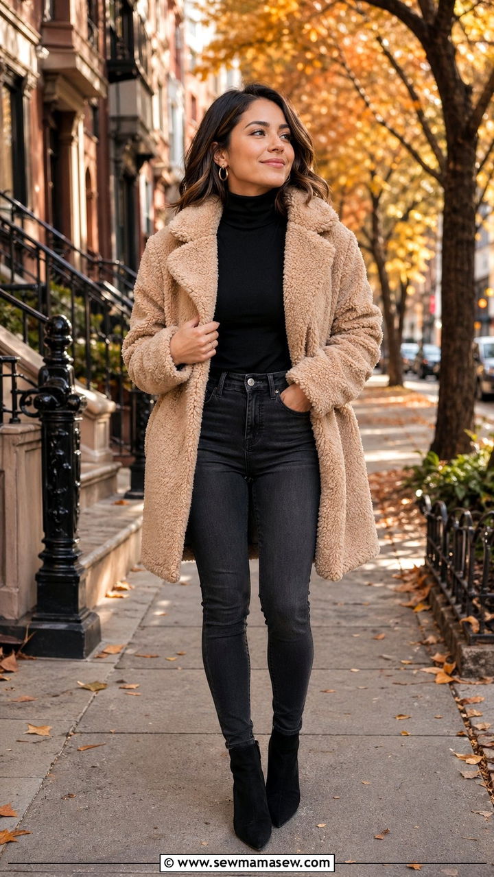 Teddy Coat with Skinny Jeans and Ankle Boots - 35 Outfit ideas for short women