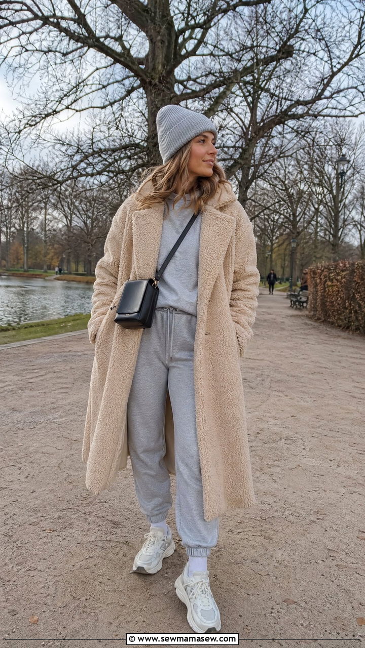 Teddy Longline Coat With Grey Jogger Set Outfit - 35 Copenhagen outfit ideas