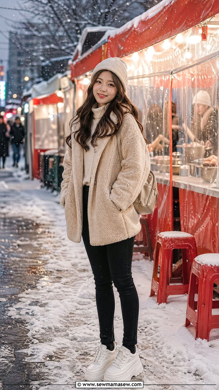 Teddy coat with skinny jeans and sneakers - 35 Seoul vacation outfit ideas