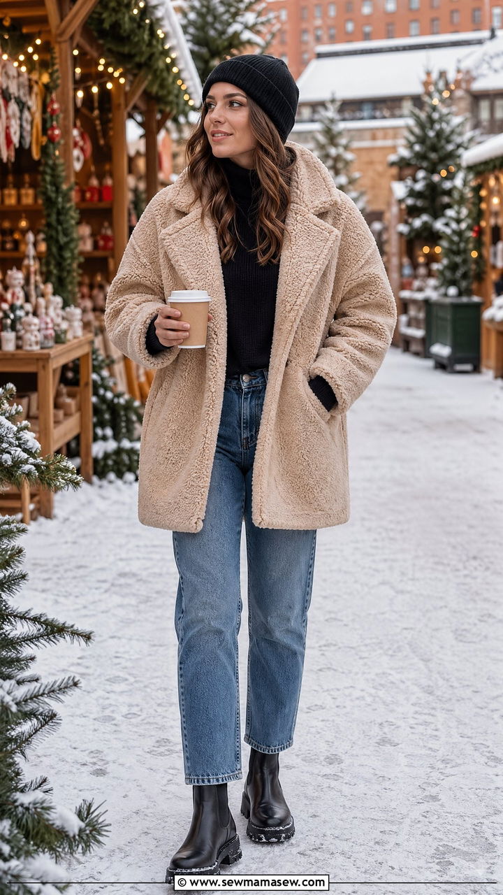Teddybear jacket with straightleg jeans and lugsole boots - 35 Travel outfit ideas for women over 50
