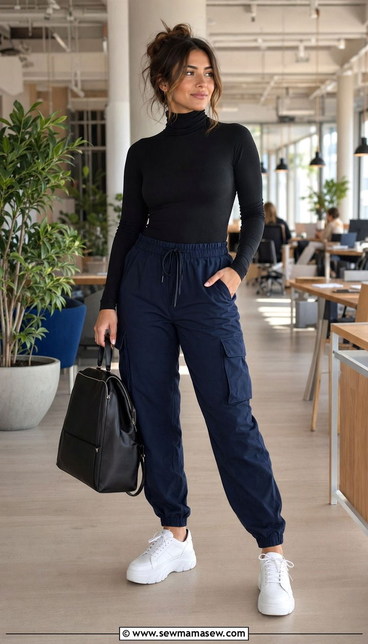 Tencel Cargo Joggers With A Turtleneck Bodysuit And Platform Sneakers - 35 Mom style outfit ideas
