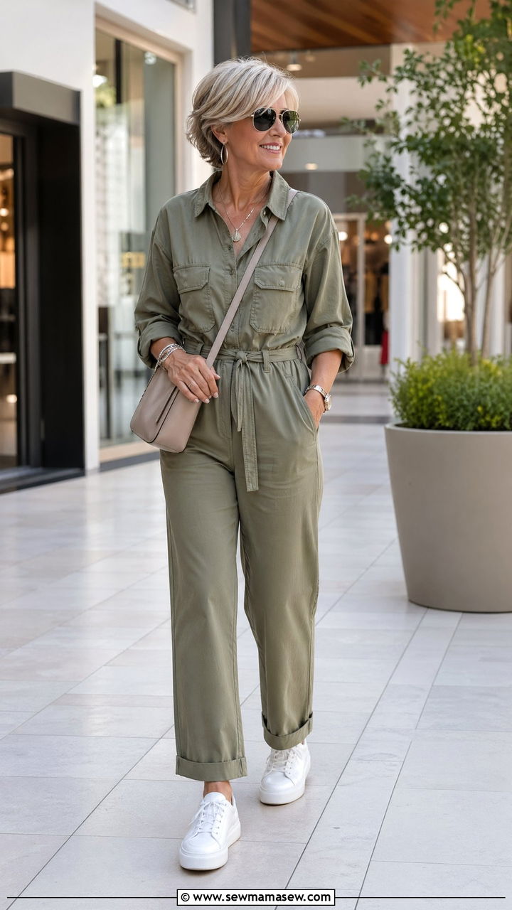 Tencel Utility Jumpsuit With Platform Sneakers Outfit For Women Over 50 - 35 Casual outfits for women over 50