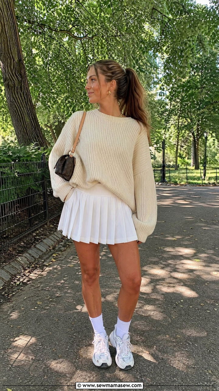 Tennis Skirt With Oversized Sweater - 35 Sporty chic outfit ideas for errands