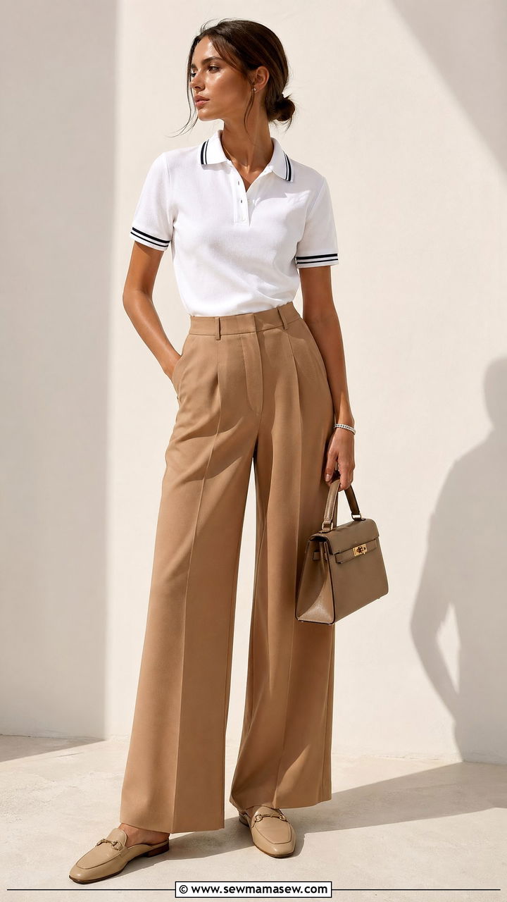 Tennis polo and wide leg trousers outfit - 35 Sporty chic outfit ideas