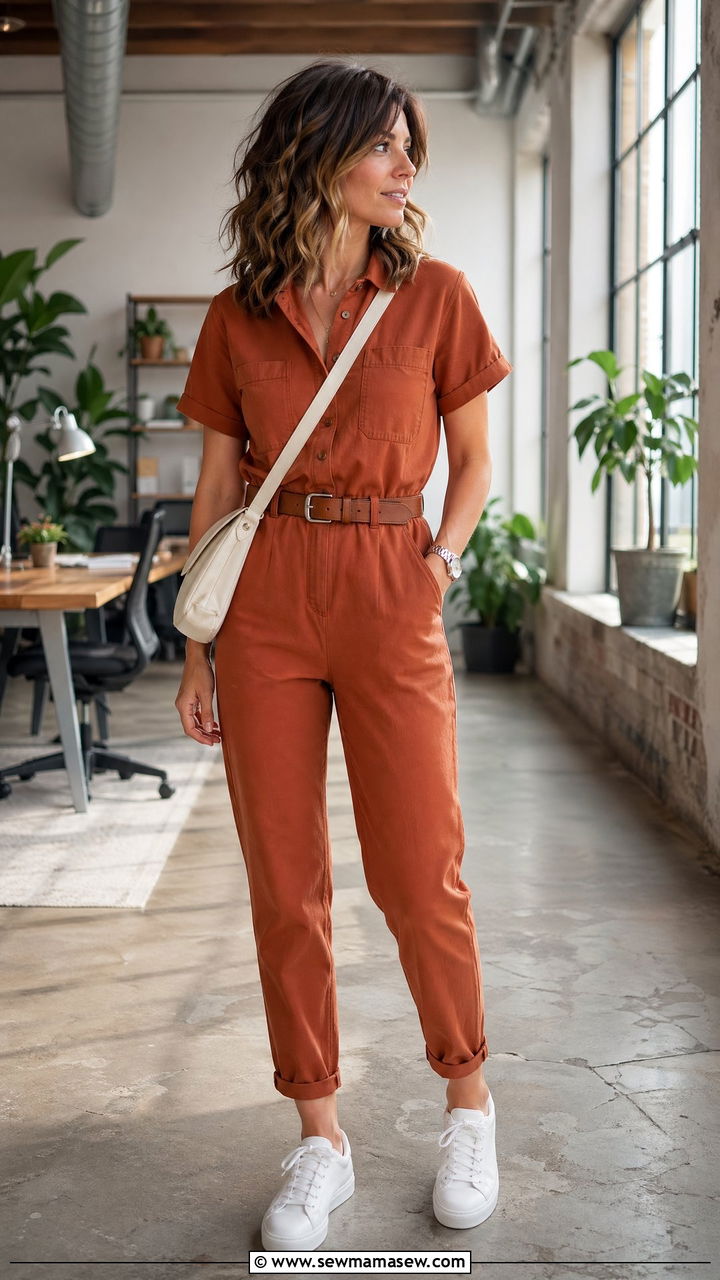Terracotta Boilersuit With White Sneakers - 35 Terracotta outfit ideas