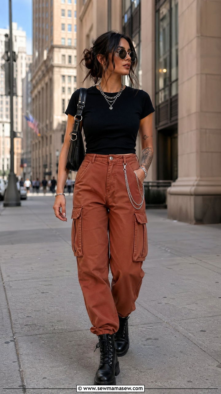 Terracotta Cargo Pants With Fitted Black Tee - 35 Terracotta outfit ideas