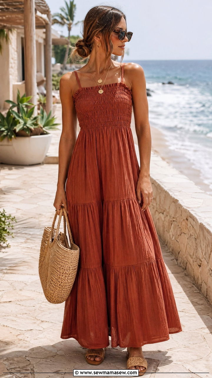 Terracotta Crinkle Cotton Maxi Dress With Raffia Sandals - 35 Clean girl outfit ideas summer 2026