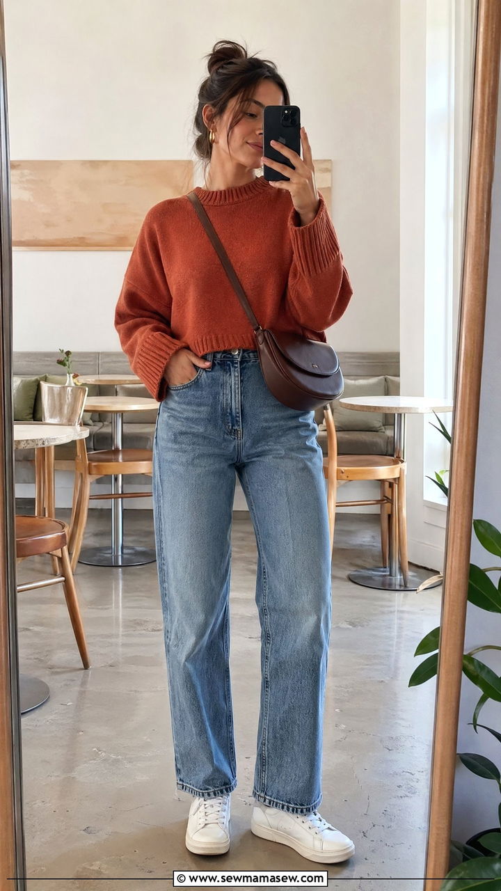 Terracotta Cropped Sweater With High Waisted Jeans - 35 Terracotta outfit ideas