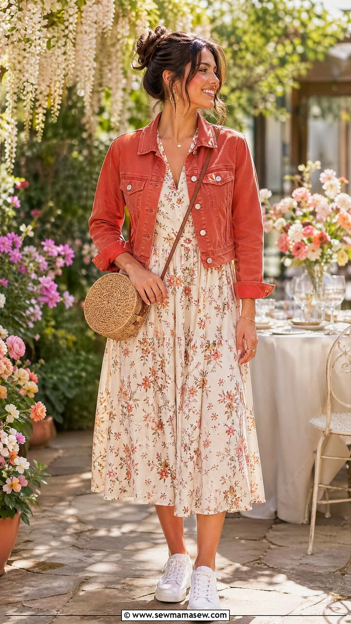 Terracotta Denim Jacket With Floral Midi Dress - 35 Terracotta outfit ideas