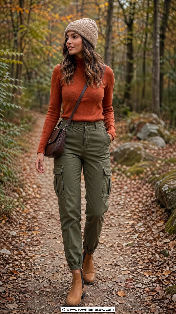 Terracotta High Neck Sweater With Olive Cargo Pants - 35 Terracotta outfit ideas