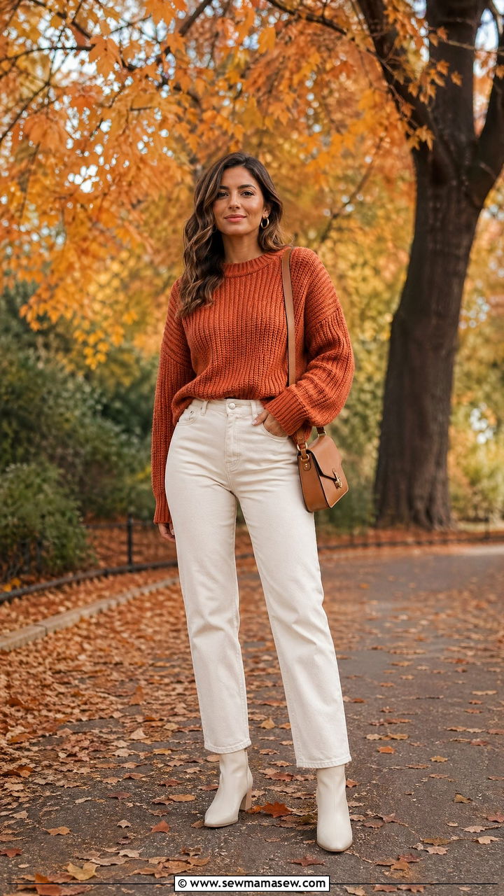 Terracotta Knit Sweater With Cream Jeans - 35 Terracotta outfit ideas