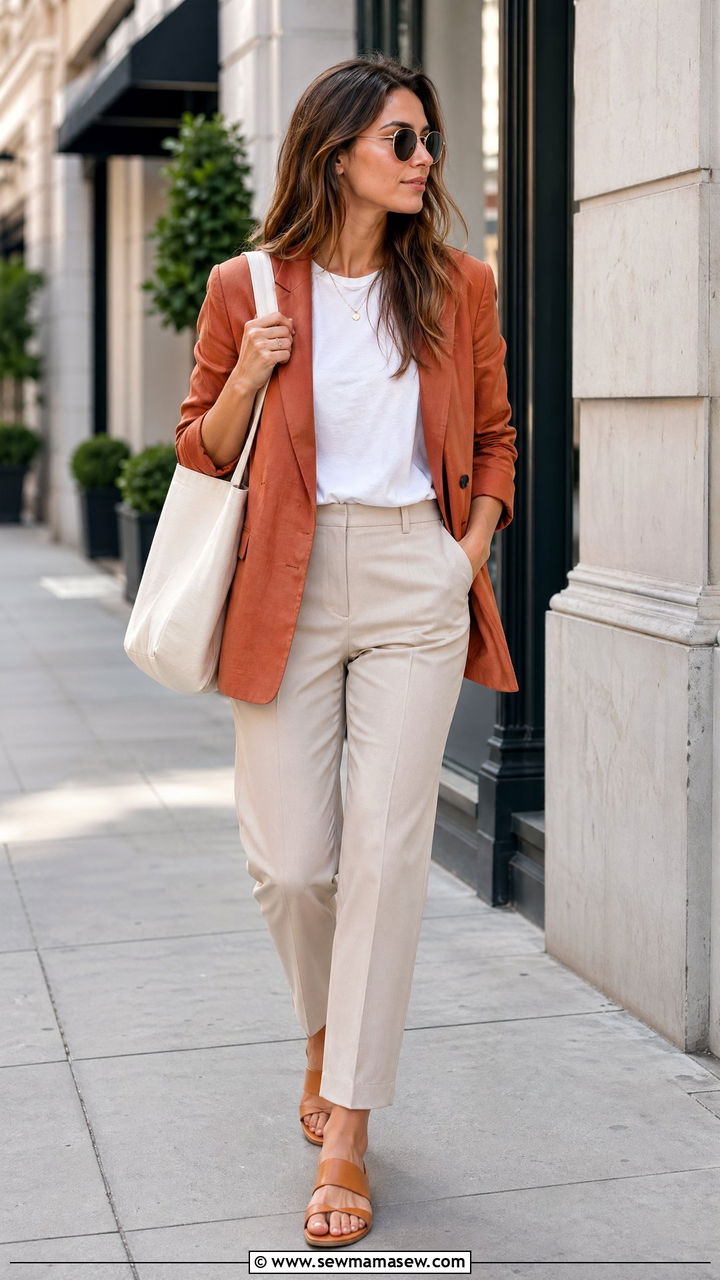 Terracotta Linen Blazer White Tee And Beige Trousers - 35 Terracotta outfit ideas