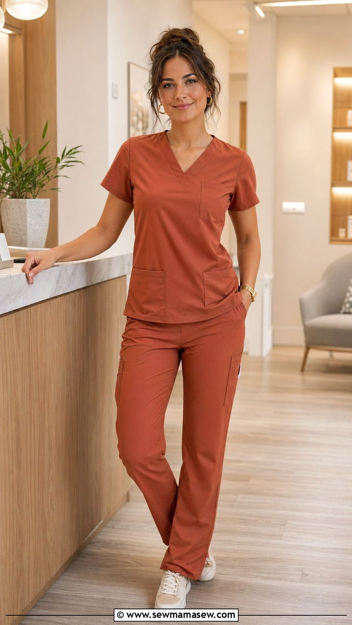 Terracotta Scrubs with Cream Sneakers - 35 Scrubs outfit ideas