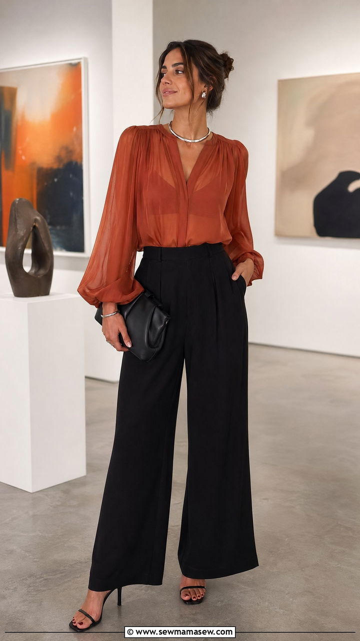 Terracotta Sheer Blouse With Black Wide Leg Pants - 35 Terracotta outfit ideas