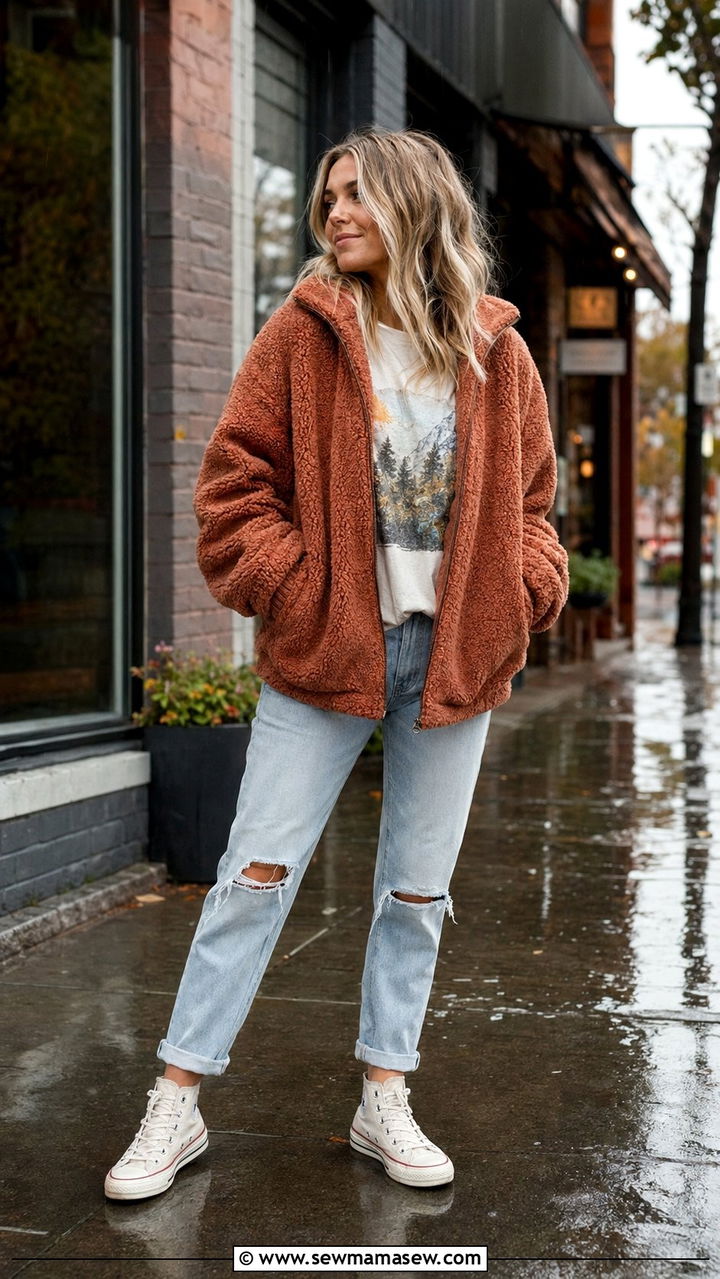Terracotta Sherpa Jacket with Graphic Tee and Distressed Jeans - 35 rainy day outfit ideas